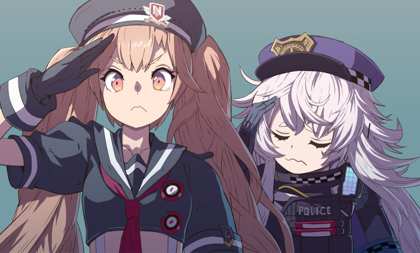 2girls armband black_gloves black_headwear breasts bulletproof_vest closed_eyes closed_mouth crop_top dress frown gloves goddess_of_victory:_nikke hat light_brown_hair long_hair military_hat miranda_(nikke) multiple_girls neckerchief orange_eyes poli_(nikke) police police_hat police_uniform policewoman red_neckerchief sailor_collar sailor_dress salute sidelocks simple_background small_breasts syope twintails upper_body very_long_hair wavy_hair wavy_mouth white_hair