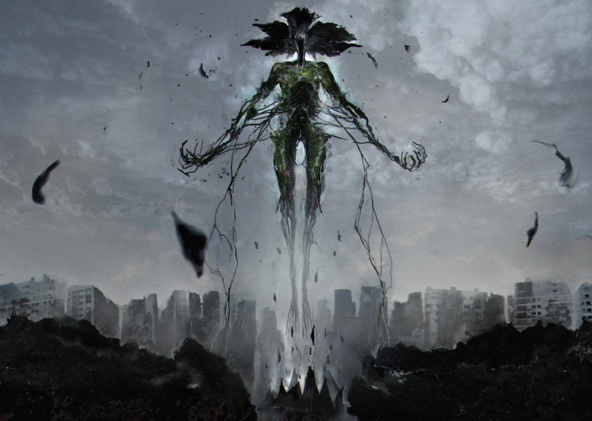 aura building commentary_request debris destruction facing_viewer floating flower_head giant giant_monster grey_sky highres kohata_(kohatazuke) levitation monster monster_focus moss original outstretched_arms plant_roots ribs skinny sky skyline