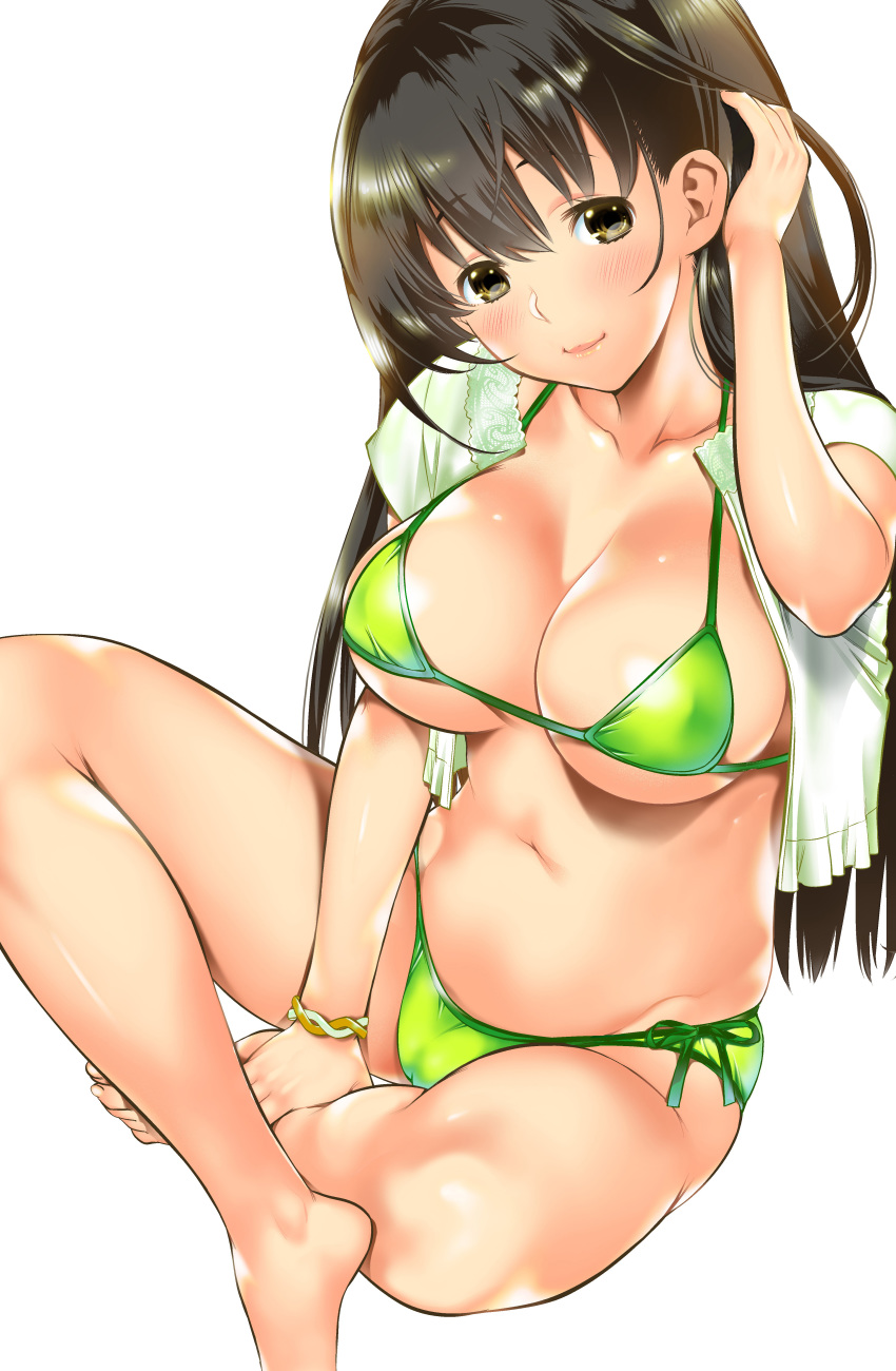 1girl absurdres adjusting_hair barefoot bikini black_hair blush bracelet breasts brown_eyes cleavage closed_mouth collarbone commentary_request crossed_legs female_focus green_bikini hand_on_own_leg head_tilt highres jewelry large_breasts long_hair looking_at_viewer navel original shigaoka shiny_skin side-tie_bikini_bottom simple_background smile solo stomach swimsuit white_background