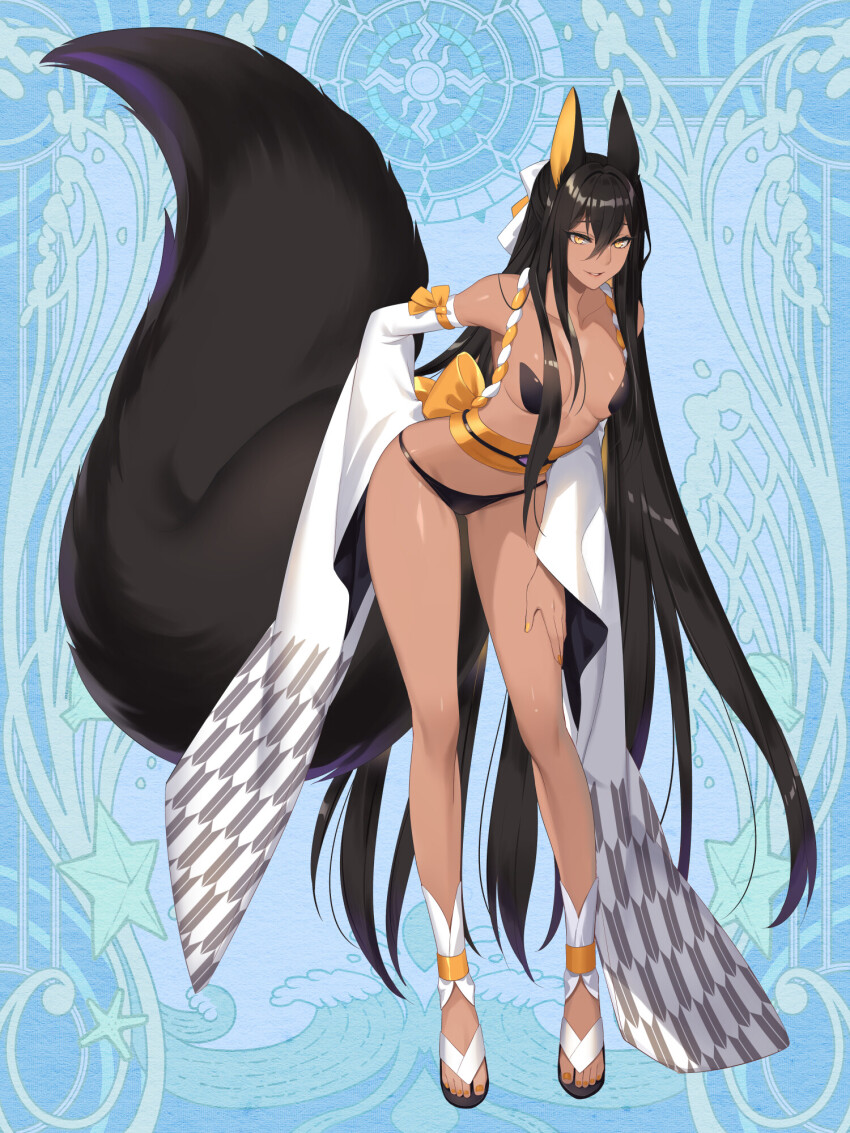 1girl animal_ears black_hair blue_background breasts dairoku_ryouhei dark-skinned_female dark_skin detached_sleeves ena_(tommy_walker) full_body hair_between_eyes helmine_grimgerde highres leaning_forward long_hair pasties sandals small_breasts solo tail tan very_long_hair wide_sleeves yellow_eyes yellow_nails