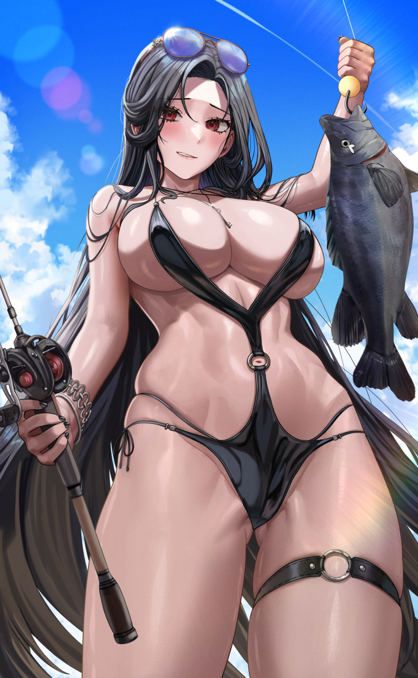 1girl bare_shoulders black_hair black_one-piece_swimsuit blue_sky blush bracelet breasts cleavage collarbone eyewear_on_head fish fishing_hook fishing_rod goddess_of_victory:_nikke highres jewelry large_breasts long_hair looking_at_viewer maiden_(nikke) maiden_(under_the_sun)_(nikke) navel o-ring official_alternate_costume one-piece_swimsuit outdoors parted_bangs red_eyes revision silvertsuki sky solo swimsuit tearing_up thigh_strap thighs