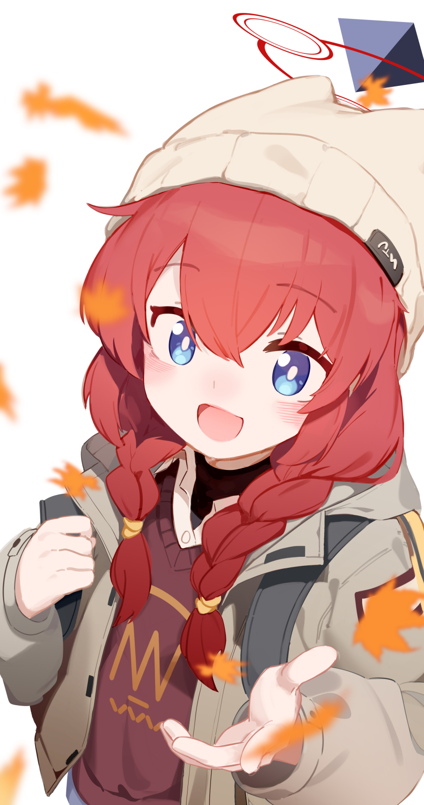 1girl absurdres blue_archive blue_eyes blurry braid brown_hat brown_jacket commentary depth_of_field falling_leaves halo hat highres jacket leaf long_hair long_sleeves looking_at_viewer looking_up maki_(blue_archive) maki_(camp)_(blue_archive) nijiko_uro official_alternate_costume open_clothes open_jacket open_mouth reaching reaching_towards_viewer red_hair red_halo red_vest smile solo symbol-only_commentary twin_braids upper_body vest