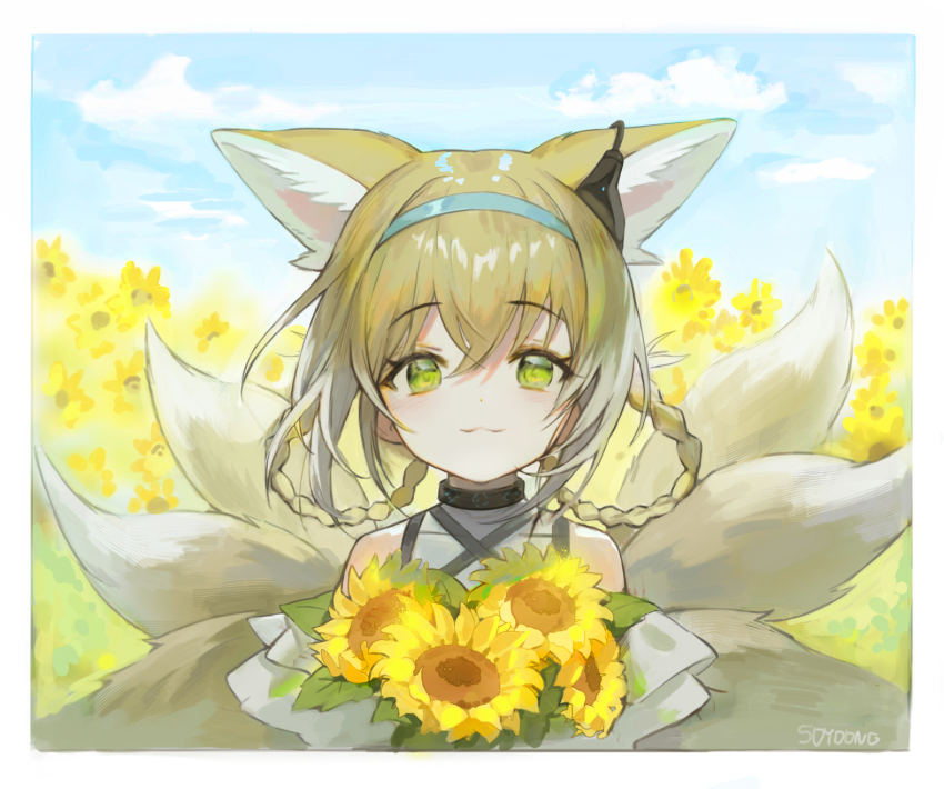 1girl animal_ears arknights bare_shoulders black_choker blue_hairband border braid braided_hair_rings choker colored_tips commentary dress flower fox_ears fox_tail green_eyes hair_rings hairband highres holding holding_flower infection_monitor_(arknights) kitsune kyuubi looking_at_viewer multicolored_hair multiple_tails outdoors smile solo soyoong_jun sunflower suzuran_(arknights) tail twin_braids upper_body white_dress white_hair