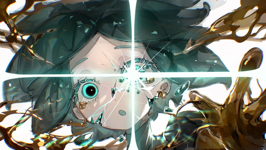 1other :o blue_eyes blue_hair breaking dutch_angle highres houseki_no_kuni kashiba_(iiiiii_kasba) looking_at_viewer open_mouth phosphophyllite portrait short_hair sidelocks simple_background thumbnail_collage white_background