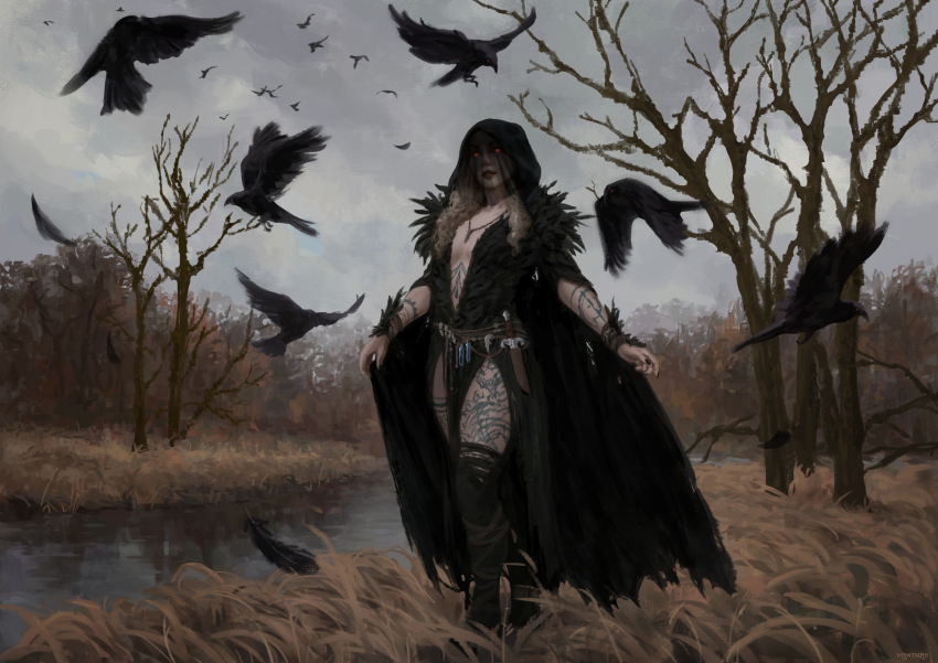 1girl arm_tattoo bare_tree belt bird black_cloak black_dress black_footwear blonde_hair boots cloak crow dress grass highres hood hooded_cloak jewelry leg_tattoo long_hair necklace original outdoors red_eyes side_slit solo tattoo thigh_boots tree water wawtman