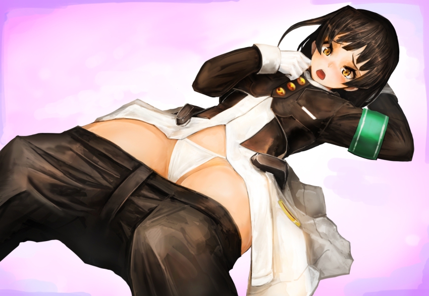 1girl bad_id bad_pixiv_id blush brown_hair clothes_pull female_focus flat_chest gloves honda_masazumi kyoukaisenjou_no_horizon panties pants pants_pull solo underwear white_gloves white_panties yaoya_musuko yellow_eyes