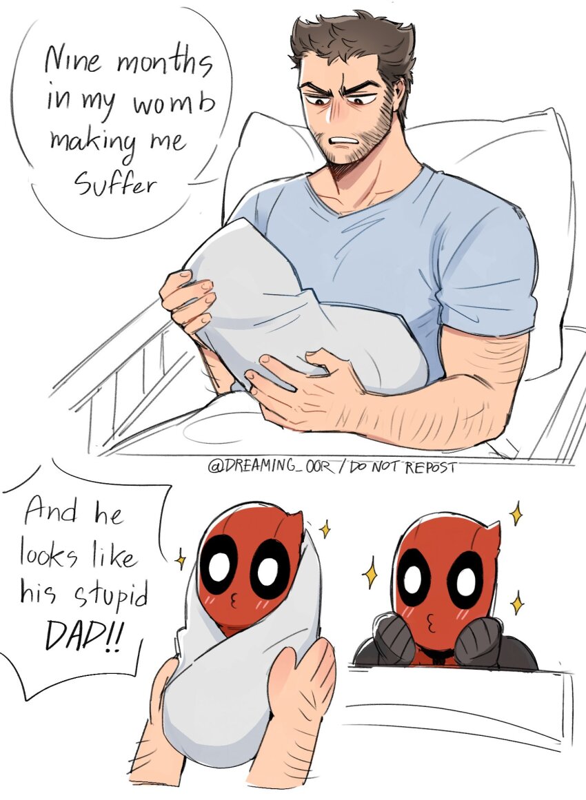 3boys and_he_looks_like_his_stupid_dad_(meme) arm_hair baby beard bed black_gloves blush bodysuit brown_hair commentary couple deadpool deadpool_&amp;_wolverine deadpool_(series) dreaming_oor english_commentary english_text facial_hair father_and_son gloves highres holding_baby hospital_bed hospital_gown if_they_mated male_focus marvel marvel_cinematic_universe meme multiple_boys muscular muscular_male o3o on_bed pillow red_bodysuit red_mask short_hair sparkle swaddled teeth twitter_username wolverine_(x-men) x-men yaoi