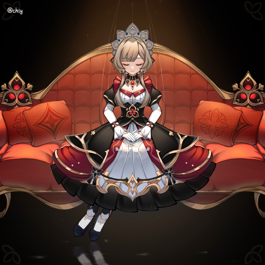 1girl black_background black_footwear blunt_bangs chinese_commentary chishahaone closed_eyes closed_mouth couch detached_collar dress frilled_dress frilled_sleeves frills genshin_impact gloves headdress highres light_smile lofter_username long_bangs long_sleeves multicolored_clothes multicolored_dress on_couch own_hands_together pillow sandrone_(genshin_impact) short_hair simple_background sitting solo spotlight white_gloves