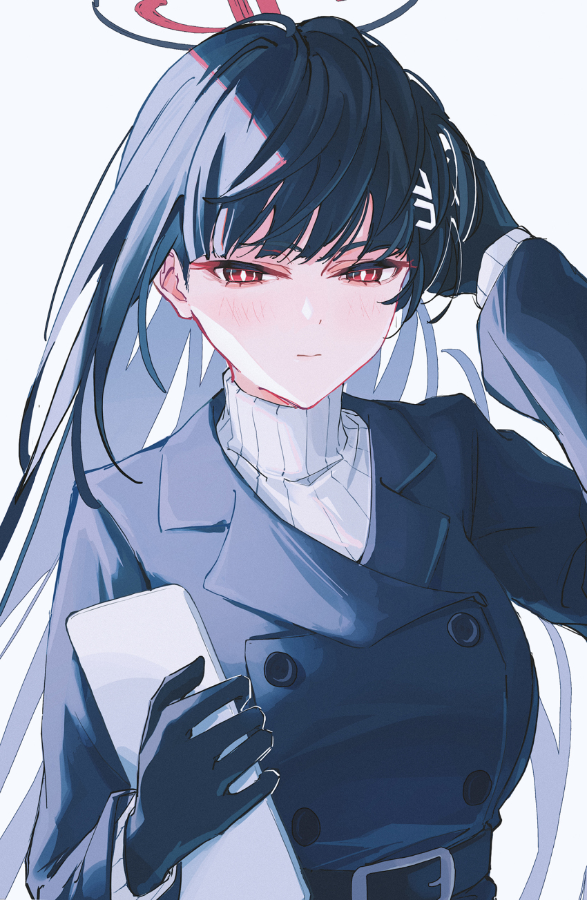 1girl belt black_gloves black_hair blue_archive blush breasts buttons coat double-breasted gloves hair_ornament hairclip halo highres long_hair red_eyes ringed_eyes rio_(blue_archive) simple_background solo table white_background winter_clothes winter_coat yodistira404