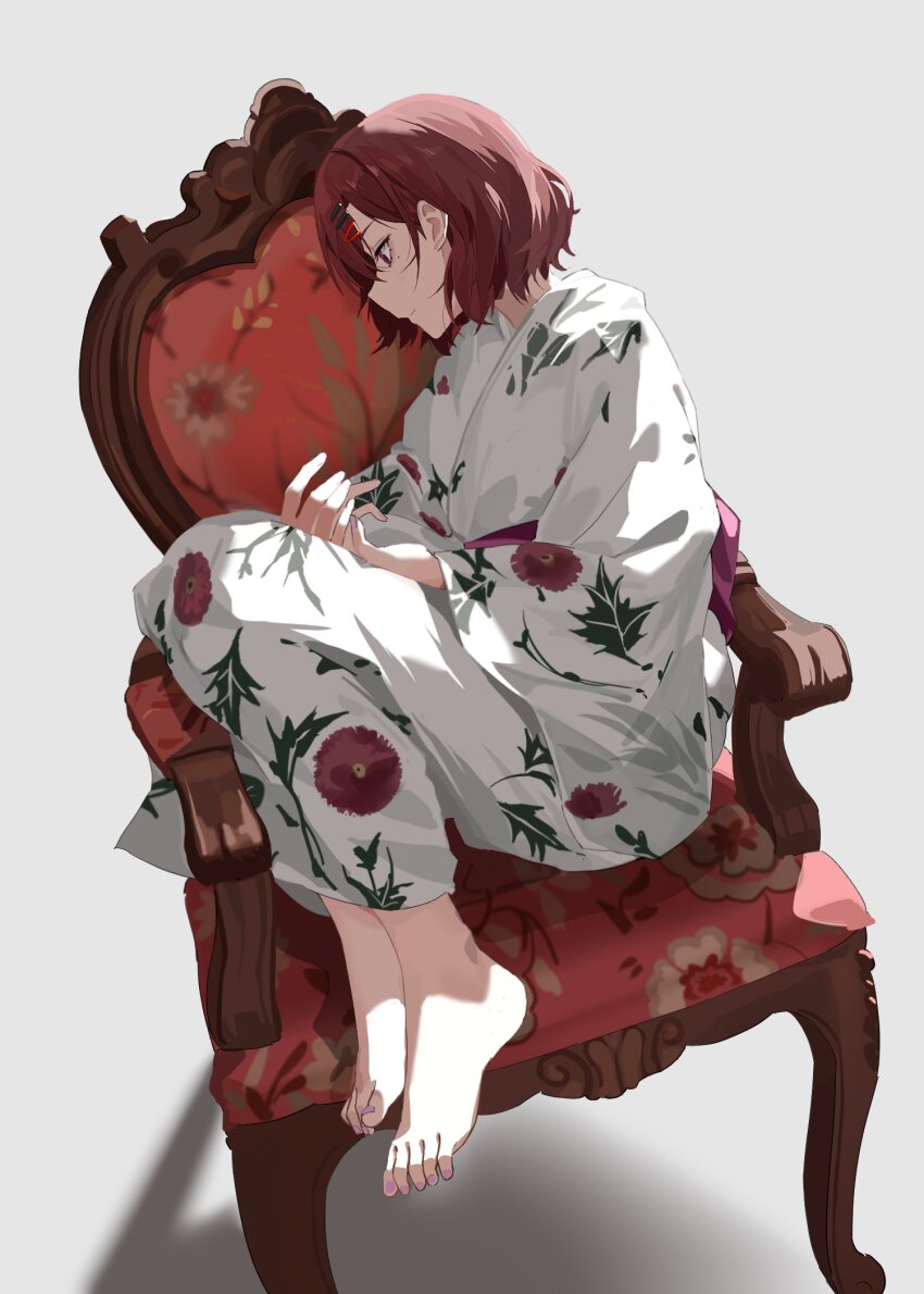 1girl barefoot brown_hair chair eimizzzzz floral_print from_side hair_ornament hairclip highres higuchi_madoka idolmaster idolmaster_shiny_colors japanese_clothes kimono leaf_print mole mole_under_eye print_kimono profile shadow short_hair simple_background sitting solo white_background wide_sleeves