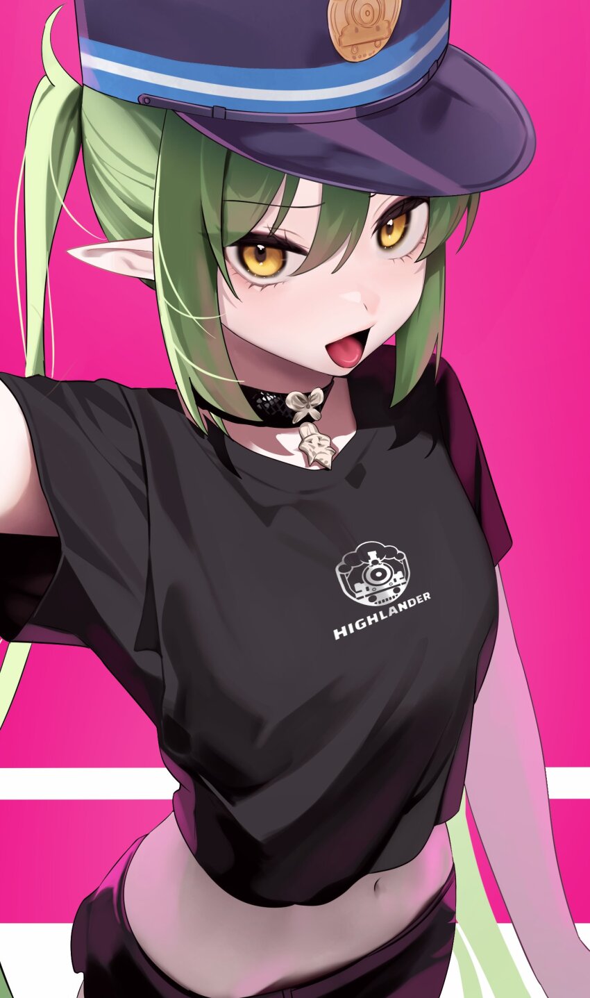 1girl absurdres alternate_costume black_shirt blue_archive commentary_request cropped_shirt green_hair hair_between_eyes hat highres looking_at_viewer midriff navel nozomi_(blue_archive) open_mouth peaked_cap pink_background print_shirt rable shirt simple_background solo tongue twintails upper_body yellow_eyes