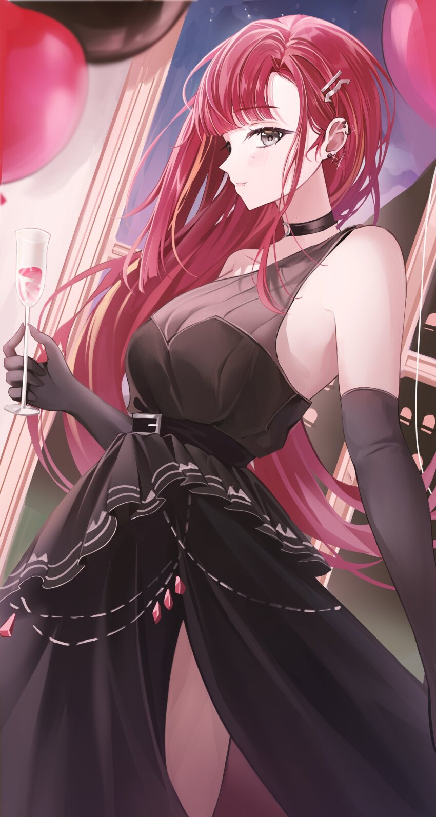 1girl absurdres akane_lize balloon bare_shoulders belt black_belt black_choker black_dress black_gloves blonde_hair choker closed_mouth cup dress drinking_glass ear_piercing elbow_gloves fang from_side fu_u03 gem gloves grey_eyes hair_ornament hand_up highres holding holding_cup indoors long_hair looking_at_viewer mole multicolored_hair o-ring o-ring_choker piercing red_gemstone red_hair smile solo standing stellive streaked_hair virtual_youtuber wine_glass