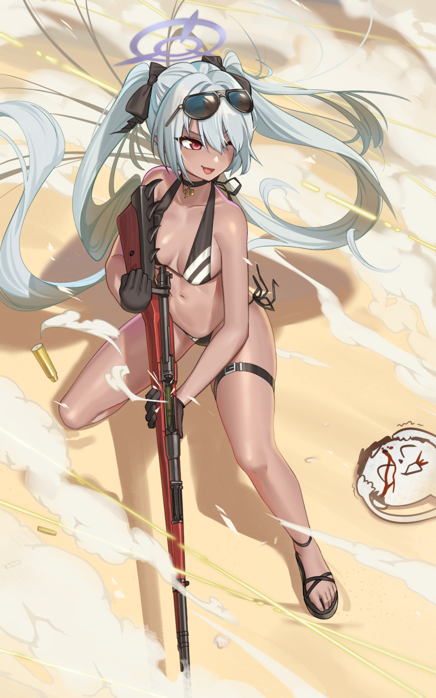 bikini black_bikini black_choker black_gloves blue_archive bolt_action casing_ejection choker dark-skinned_female dark_skin doodle_sensei_(blue_archive) eyewear_on_head gloves grey_hair gun hair_over_one_eye hair_ribbon halo highres iori_(blue_archive) iori_(swimsuit)_(blue_archive) kneeling long_hair mauser_98 multi-strapped_bikini_bottom official_alternate_costume one_eye_closed pointy_ears purple_halo rai32019 reloading ribbon rifle sandals sensei_(blue_archive) shell_casing side-tie_bikini_bottom string_bikini sunglasses swimsuit twintails weapon