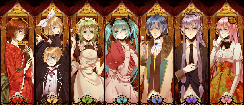 3boys 5girls :d apron bad_end_night_(vocaloid) bishounen black_dress black_necktie blonde_hair blouse blue_eyes blue_hair bow bowtie brown_eyes brown_hair butler cup dress dress_shirt drinking_glass floating_hair folded_fan folding_fan glasses green_bow green_bowtie green_hair gumi hair_between_eyes hair_ornament hair_ribbon hand_fan hatsune_miku high-waist_skirt high_ponytail holding holding_fan holding_removed_eyewear japanese_clothes kaito_(vocaloid) kamui_gakupo kimono looking_at_viewer maid_headdress megurine_luka meiko_(vocaloid) multiple_boys multiple_girls necktie obi open_mouth parted_lips pink_hair purple_hair red_kimono ribbon sash shirt short_hair short_sleeves skirt smile tooaya twintails unworn_eyewear vest vocaloid waistcoat white_apron white_ribbon white_shirt wine_glass wrist_cuffs yukata