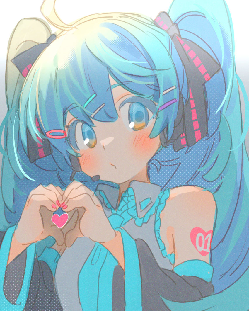 ahoge aqua_eyes aqua_hair aqua_necktie bare_shoulders blush colored_eyelashes detached_sleeves frilled_shirt_collar frills grey_shirt hair_ornament hairclip hatsune_miku headphones headset heart heart_hands heart_tattoo highres kouhara_yuyu long_hair looking_at_viewer nail_polish necktie number_tattoo o3o pink_nails puckered_lips shirt shoulder_tattoo sleeveless solo tattoo twintails upper_body vocaloid