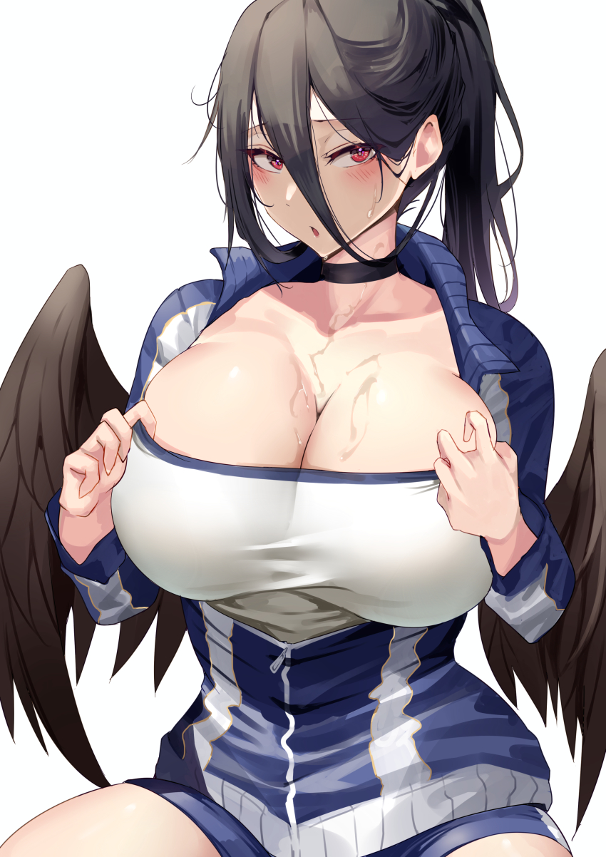 1girl :o absurdres black_choker black_hair black_wings blue_archive blue_background blush breasts choker cleavage collarbone commentary_request hair_between_eyes hasumi_(blue_archive) hasumi_(track)_(blue_archive) highres huge_breasts jacket long_hair looking_at_viewer namazu_(yamasonson) ponytail red_eyes simple_background sitting solo sweat thighs track_jacket wings zipper