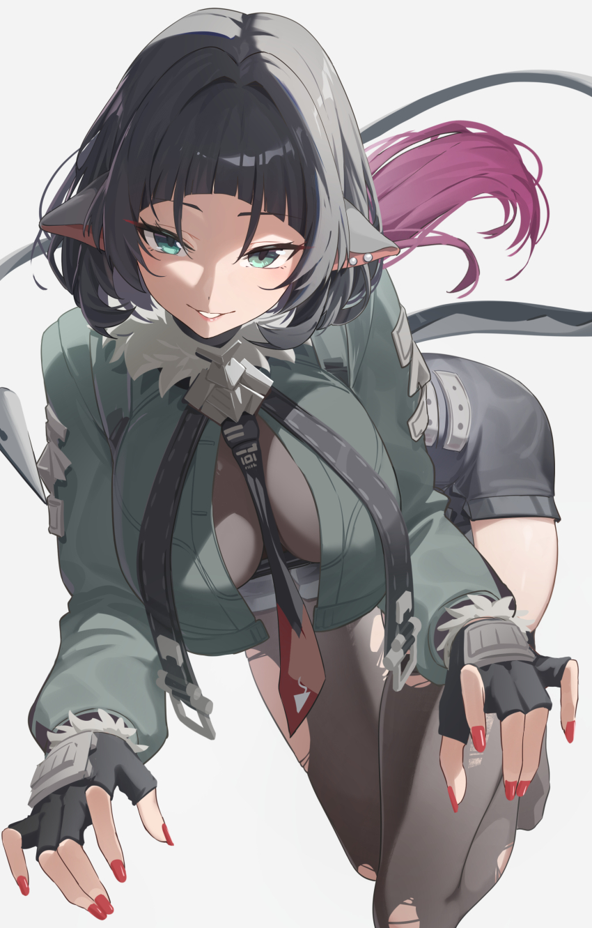 1girl absurdres animal_ears black_gloves black_shorts black_thighhighs blunt_bangs breasts duplicate fingerless_gloves fingernails full_body fur-trimmed_jacket fur_trim gloves green_hair green_jacket high-waist_shorts highres jacket jane_doe_(zenless_zone_zero) large_breasts long_hair looking_at_viewer mouse_ears mouse_girl mouse_tail multicolored_hair pantyhose parted_lips pixel-perfect_duplicate red_hair reulem shorts simple_background single_leg_pantyhose single_thighhigh smile tail thighhighs thighs torn_clothes torn_pantyhose torn_thighhighs two-tone_hair variant_set zenless_zone_zero