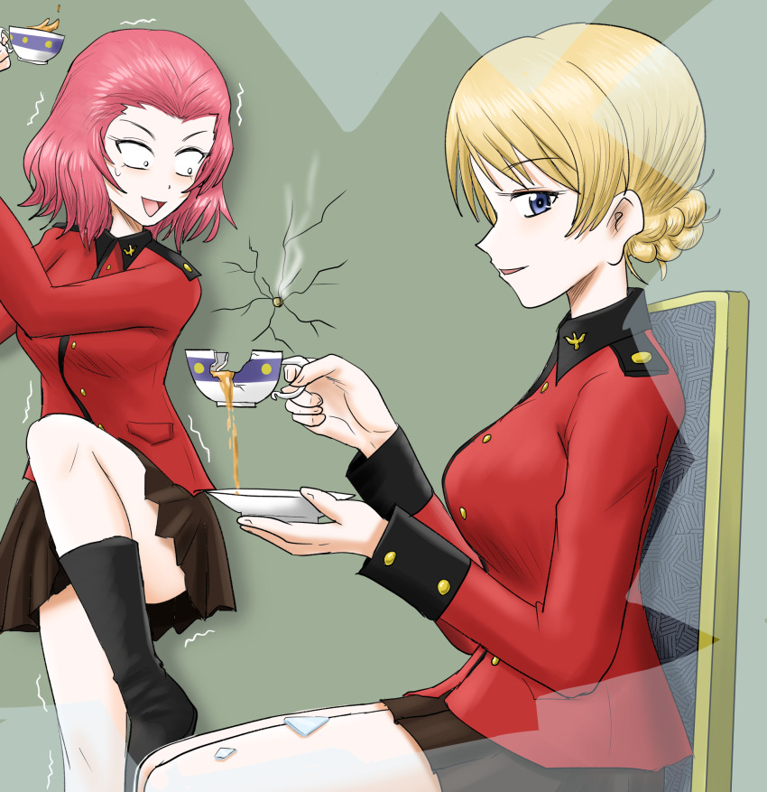 2girls black_footwear black_skirt blonde_hair blue_eyes boots braid broken_cup bullet_hole chair commentary constricted_pupils cup darjeeling_(girls_und_panzer) girls_und_panzer harukai-i highres holding holding_cup holding_saucer jacket leg_up long_sleeves looking_at_viewer medium_hair military_uniform miniskirt multiple_girls on_chair open_mouth pleated_skirt red_hair red_jacket rosehip_(girls_und_panzer) saucer sitting skirt smile spilling st._gloriana&#039;s_military_uniform standing standing_on_one_leg sweatdrop teacup trembling