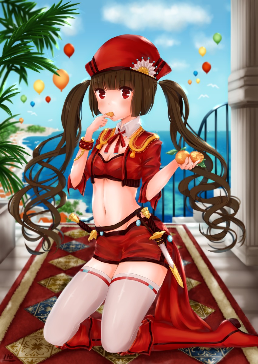 1girl bad_id bad_pixiv_id balloon blush boots breasts brown_hair cleavage eating female_focus food hat high_heel_boots high_heels highres holding holding_food hoshimaemi knee_boots kneeling knife long_hair looking_at_viewer medium_breasts navel original red_eyes red_footwear red_hat sheath sheathed solo thighhighs twintails white_thighhighs