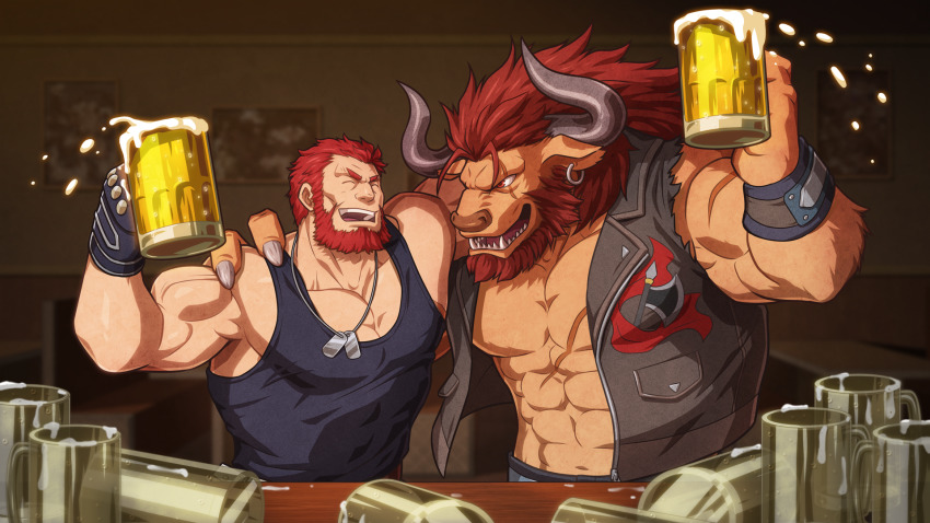 2boys abs animal_ears arm_around_shoulder bara bare_pectorals bare_shoulders beard beer_mug black_tank_top commission cow_boy cow_ears cow_horns cup earrings facial_hair fate/grand_order fate/zero fate_(series) highres horns iskandar_(fate) jewelry large_pectorals male_focus monster_boy mug multiple_boys muscular necklace original pectorals red_eyes red_hair sharp_teeth short_hair sleeveless smile tank_top teeth torn_clothes upper_body veins zelo-lee