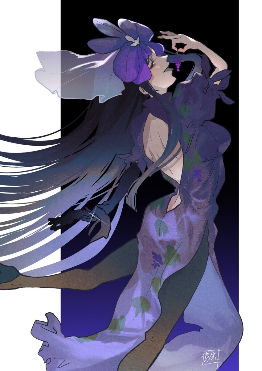 1girl backless_dress backless_outfit black_gloves black_hair china_dress chinese_clothes dress elbow_gloves flower flower_on_head food_print fruit_print gloves grape_print highres holding holding_gloves holding_grape holding_unworn_clothes leaf_print long_hair open_mouth pinching purple_dress purple_flower short_sleeves sokura_(mochichitose) solo touhou unworn_gloves yomotsu_hisami