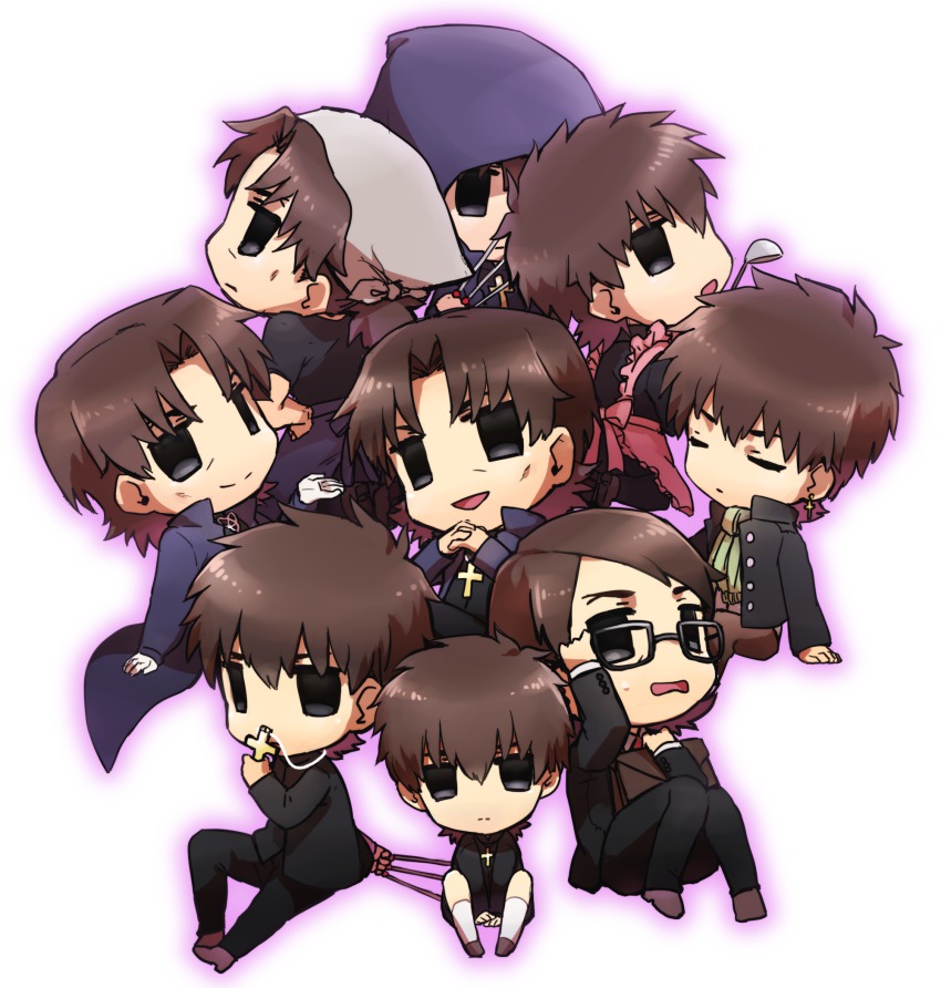 6+boys aged_down aged_up apron bad_id bad_pixiv_id brown_eyes brown_hair casual cheekbones chibi child cross cross_necklace empty_eyes fate/stay_night fate/tiger_colosseum fate/zero fate_(series) formal_clothes highres hood jewelry kotomine_kirei ladle male_focus multiple_boys multiple_persona necklace priest ruchi scarf sensha_otoko suit