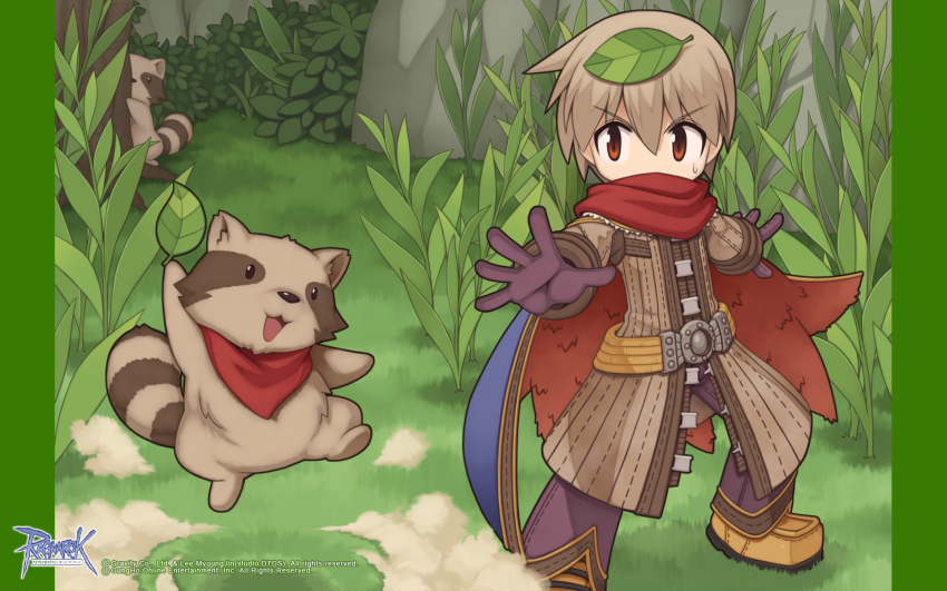 1boy alchemist_(ragnarok_online) bandana blue_cape brown_coat brown_eyes brown_footwear brown_gloves brown_hair brown_pants bush cape coat copyright_notice derivative_work dust_cloud full_body gloves grass hair_between_eyes highres leaf leaf_on_head long_sleeves male_focus official_art official_wallpaper pants raccoon ragnarok_online red_bandana red_cape screenshot_redraw shoes short_hair smokie_(ragnarok_online) solo standing tree two-sided_cape two-sided_fabric v-shaped_eyebrows yuichirou