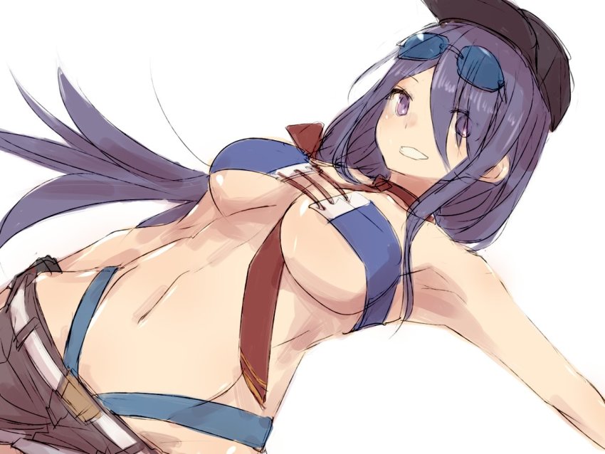 1girl alchera ariake_(kancolle) ariake_(swimsuit)_(kancolle) baseball_cap between_breasts bikini black_hair black_hat breasts brown_shorts cleavage cowboy_shot eyewear_on_head grin hair_over_one_eye hat highleg highleg_bikini kantai_collection long_hair looking_at_viewer low_ponytail medium_breasts necktie one-hour_drawing_challenge purple_bikini purple_eyes red_necktie short_shorts shorts simple_background smile solo sunglasses swimsuit white_background