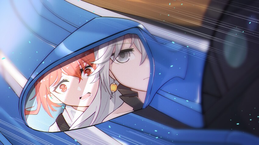 2girls absurdres bronya_zaychik bronya_zaychik_(herrscher_of_reason) chen_clear closed_mouth earrings frederica_nikola_tesla grey_eyes grey_hair highres honkai_(series) honkai_impact_3rd jewelry long_hair mirror motion_lines motor_vehicle motorcycle multiple_girls open_mouth project_bunny red_eyes red_hair shirt very_long_hair white_shirt