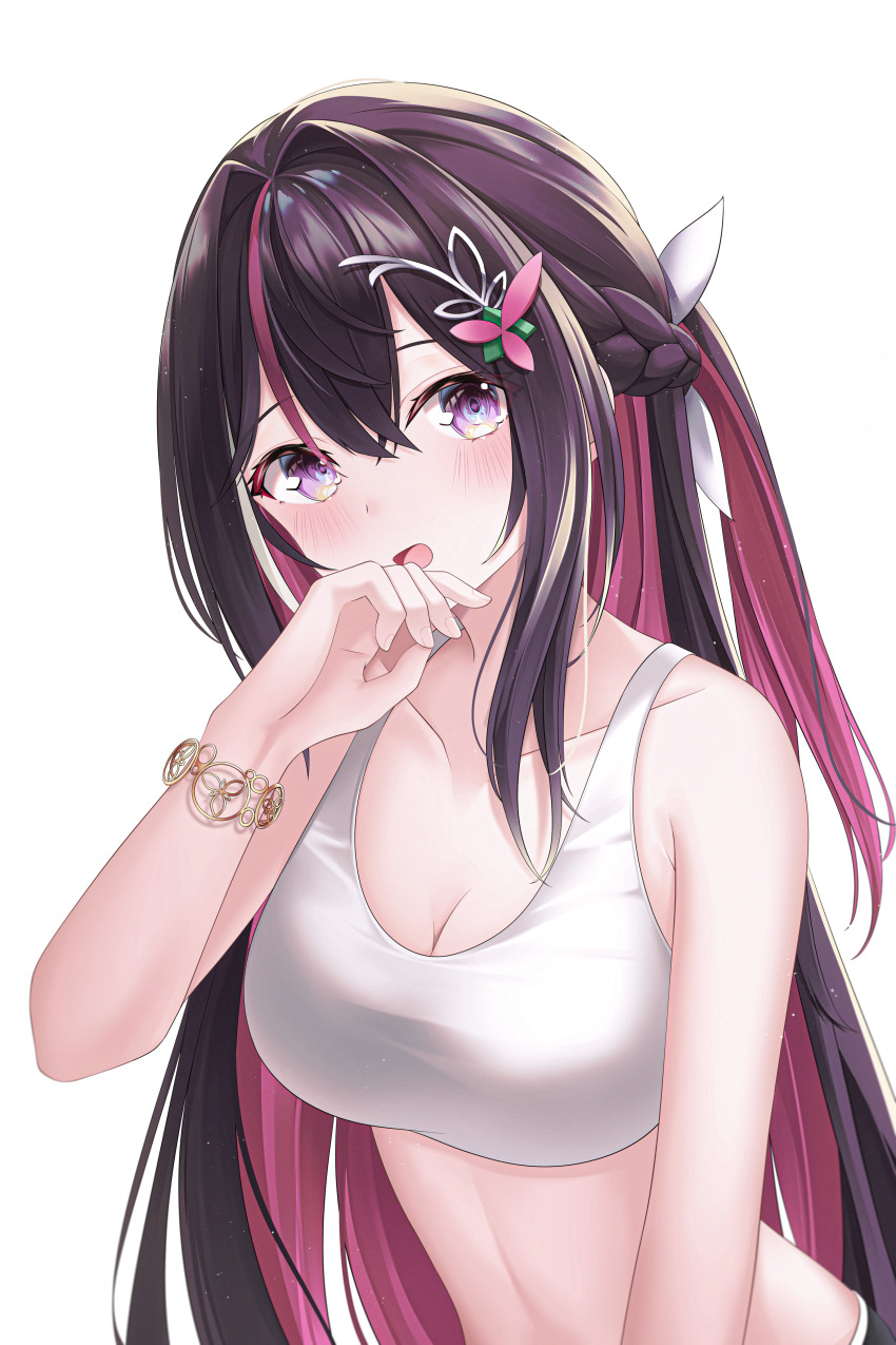 1girl absurdres azki_(hololive) black_hair blush bracelet braid breasts cleavage colored_inner_hair hair_between_eyes hair_ornament highres hololive jewelry large_breasts long_hair multicolored_hair open_mouth pink_hair purple_eyes shira_jun solo sports_bra two-tone_hair upper_body virtual_youtuber white_sports_bra