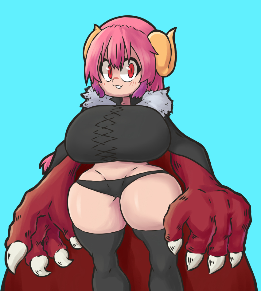 1girl absurdres black_panties black_shirt black_thighhighs blue_background breasts cape claws cowboy_shot curled_horns fur_collar gradient_hair grin highres horns huge_breasts ilulu_(maidragon) kobayashi-san_chi_no_maidragon looking_at_viewer lotikmac monster_girl multicolored_hair panties pink_hair purple_hair red_eyes sharp_teeth shirt simple_background smile solo standing teeth thighhighs two-tone_hair underwear