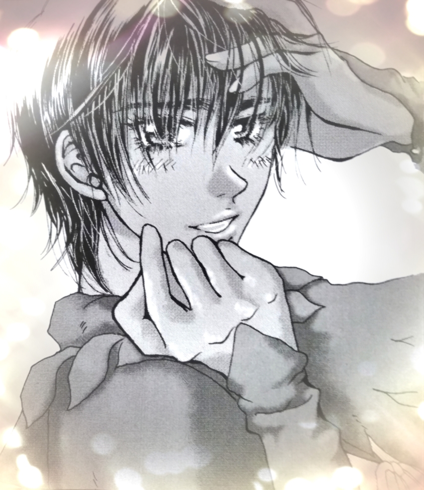 1girl berserk blush casca_(berserk) close-up commentary_request greyscale hair_between_eyes hand_in_own_hair highres kame_(jeycobsry) long_sleeves looking_at_viewer monochrome parted_lips short_hair simple_background smile solo upper_body