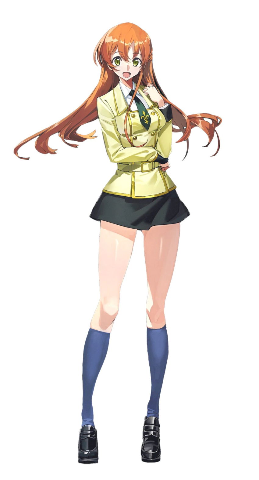 1girl :d bare_legs breasts code_geass code_geass:_genesic_re;code full_body highres kneehighs long_hair long_sleeves looking_at_viewer medium_breasts miniskirt official_art open_mouth orange_hair school_uniform shiny_skin shirley_fenette skirt smile socks solo standing very_long_hair yellow_eyes