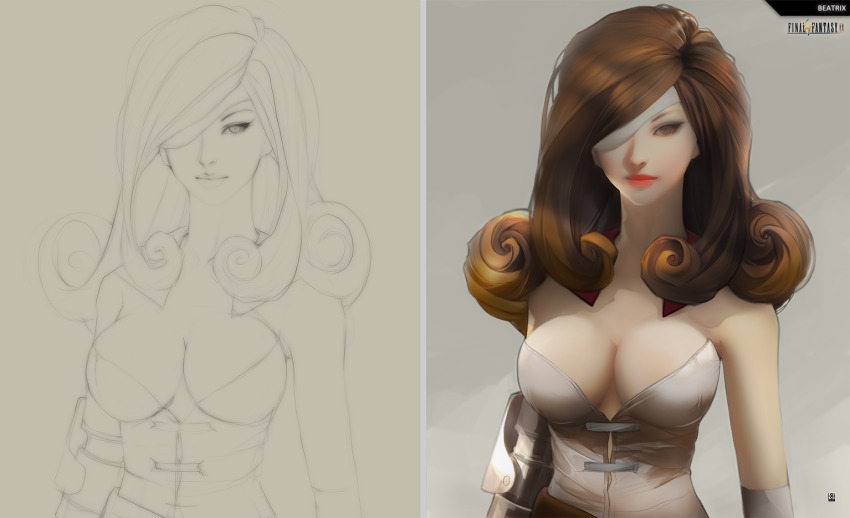 00s beatrix breasts brown_hair cleavage eyepatch final_fantasy final_fantasy_ix long_hair perky_breasts sketch