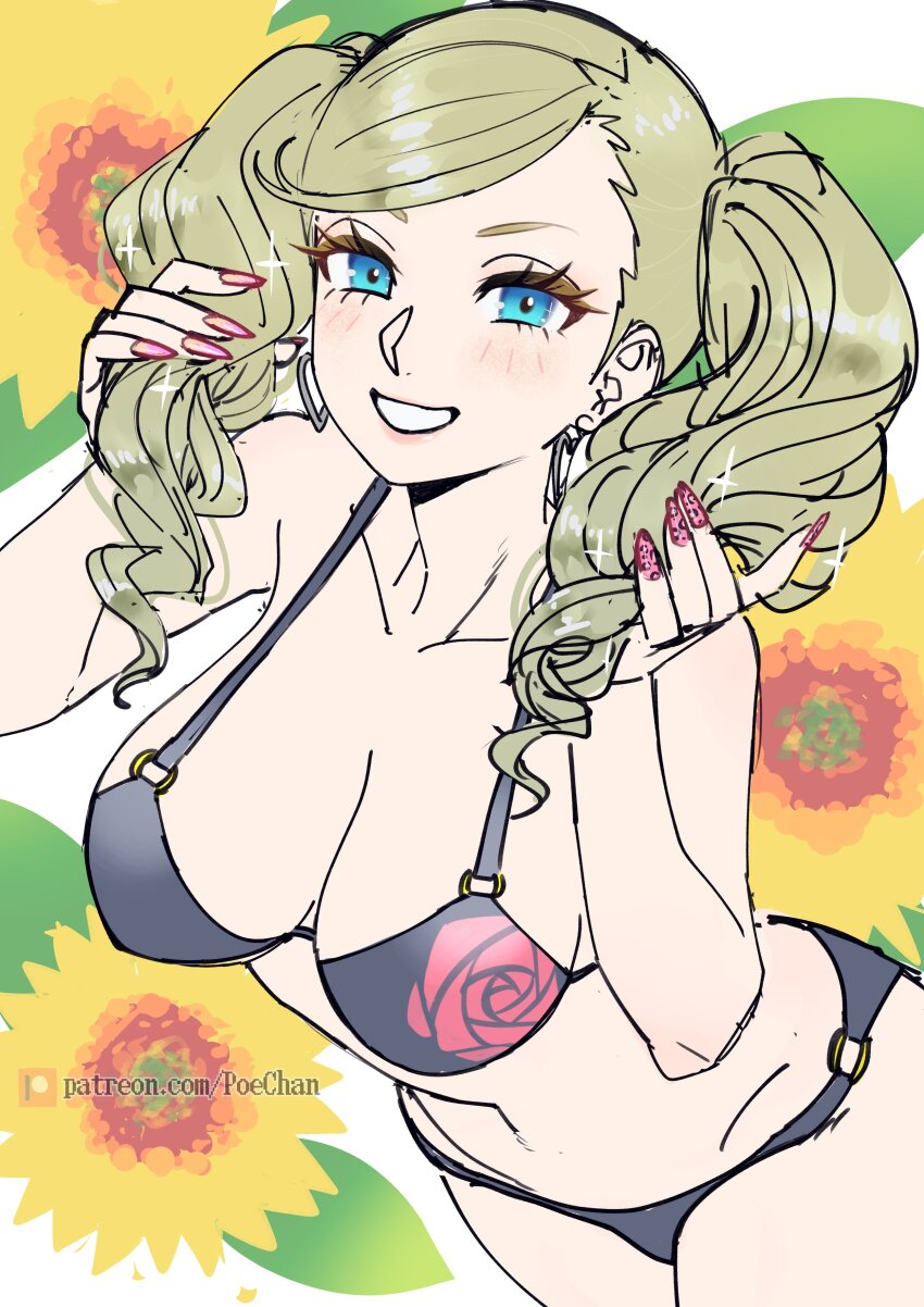 1girl absurdres bikini black_bikini blonde_hair blue_eyes breasts cleavage cowboy_shot earrings fingernails floral_background grin heart heart_earrings highres holding holding_own_hair jewelry large_breasts leaning_forward light_blush long_fingernails looking_at_viewer o-ring o-ring_bikini persona persona_5 poechan_chan red_nails smile sparkle swept_bangs swimsuit takamaki_anne twintails