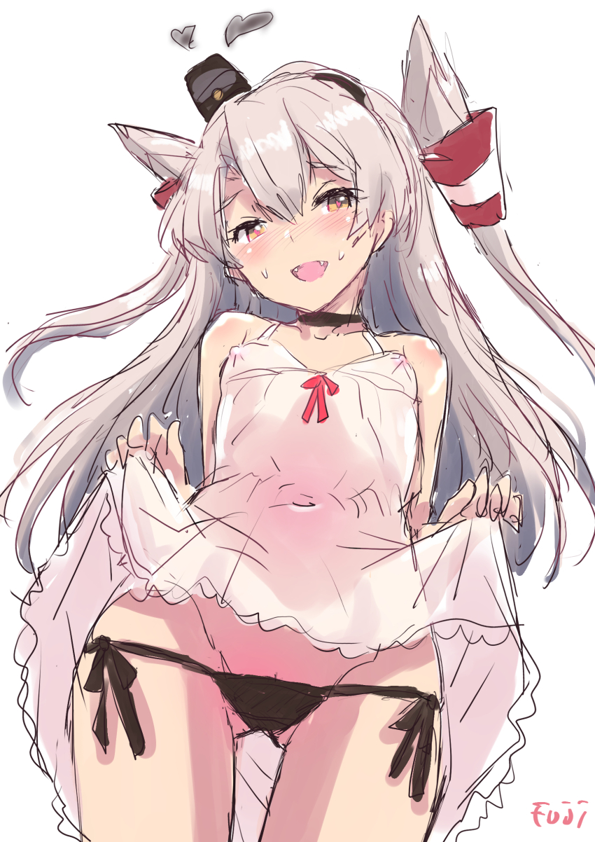 1girl amatsukaze_(kancolle) black_choker brown_eyes choker clothes_lift covered_erect_nipples cowboy_shot dress dress_lift fang fuji_(pixiv24804665) hair_tubes hat heart highres kantai_collection leotard long_hair lowleg lowleg_panties mini_hat panties pink_dress side-tie_leotard simple_background smoke_heart smokestack_hair_ornament solo spaghetti_strap sweater two_side_up underwear white_background