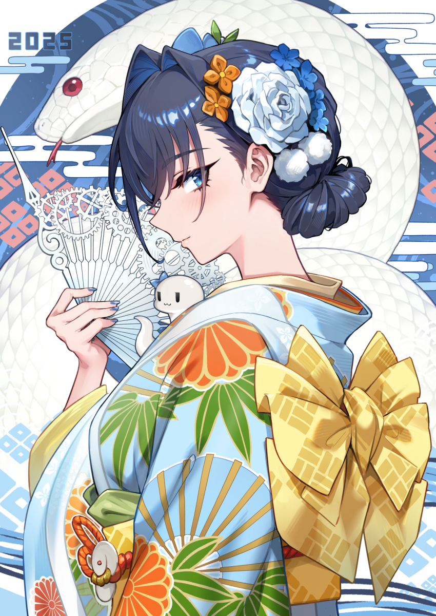 1girl 2025 blue_eyes blue_hair blue_kimono blue_nails boros_(ouro_kronii) commentary english_commentary fanged_bangs floral_print floral_print_kimono flower folding_fan from_side furisode hair_between_eyes hair_flower hair_intakes hair_ornament hand_fan hand_up highres holding holding_fan hololive hololive_english japanese_clothes kanzashi kimono light_smile looking_at_viewer nail_polish obi official_alternate_costume oopartz_yang ouro_kronii ouro_kronii_(new_year) pom_pom_(clothes) pom_pom_hair_ornament print_kimono sash short_hair snake solo tsumami_kanzashi upper_body yellow_sash