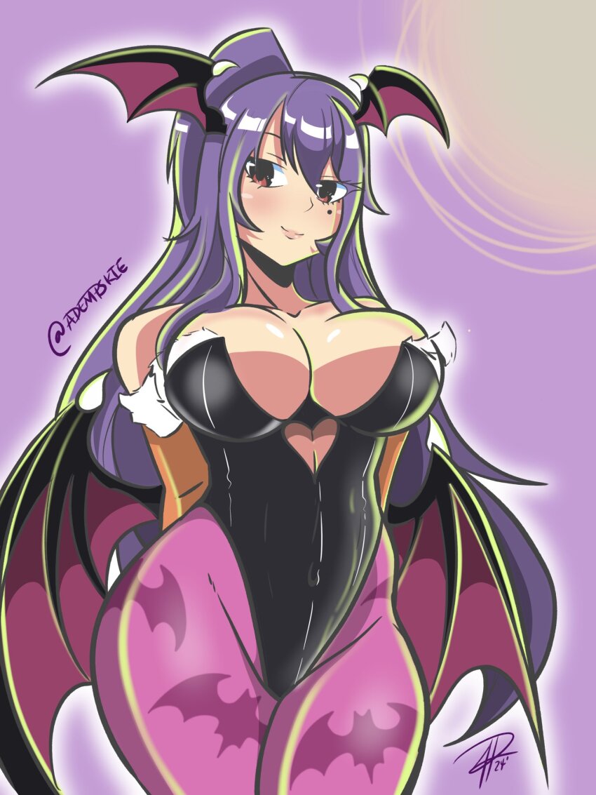 1girl animal_print arms_behind_back bare_shoulders bat_print black_leotard breasts cleavage clothing_cutout collarbone cosplay eden&#039;s_zero head_wings heart_cutout highres homura_kogetsu large_breasts leotard long_hair looking_at_viewer mole mole_under_eye morrigan_aensland_(cosplay) pantyhose ponytail purple_hair purple_pantyhose solo wings