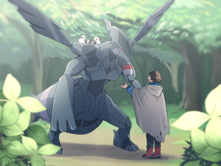 1boy boots brown_hair cloak creatures_(company) game_freak gen_5_pokemon hilbert_(pokemon) legendary_pokemon male_focus nature nintendo outdoors pengin0808 pokemon pokemon_(creature) pokemon_bw tree wings zekrom