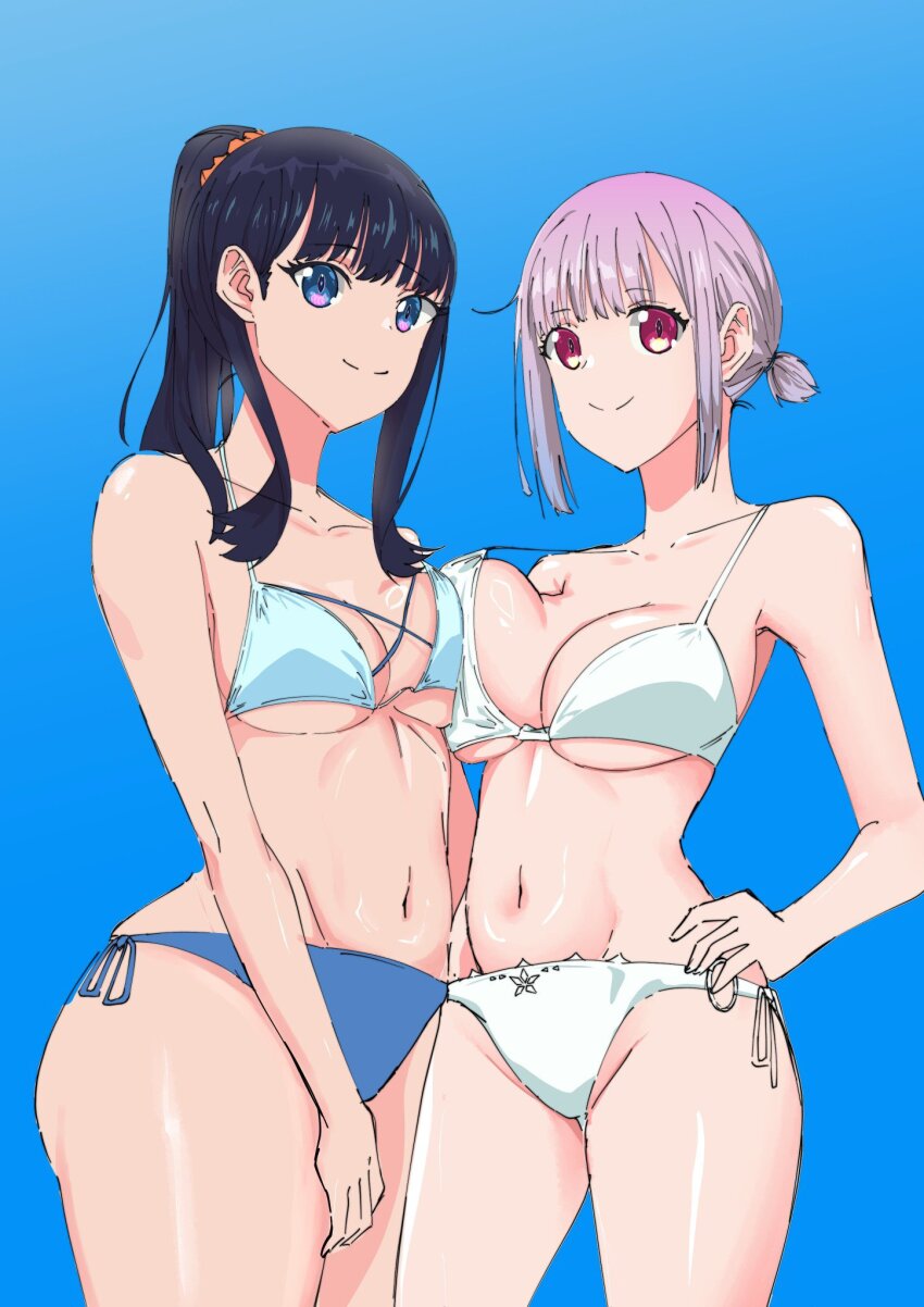 2girls ari_87 bikini black_hair blue_bikini blue_eyes breast_press breasts gridman_universe gridman_universe_(film) high_ponytail highres large_breasts long_hair looking_at_viewer multiple_girls ponytail purple_hair red_eyes shinjou_akane short_hair short_ponytail simple_background smile string_bikini swimsuit takarada_rikka thighs white_bikini