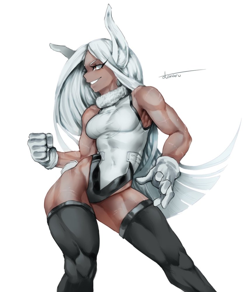 1girl animal_ears boku_no_hero_academia dark-skinned_female dark_skin female_focus gloves highres long_hair mirko muscular muscular_female otonaru rabbit_ears red_eyes scar smile solo thighhighs white_hair