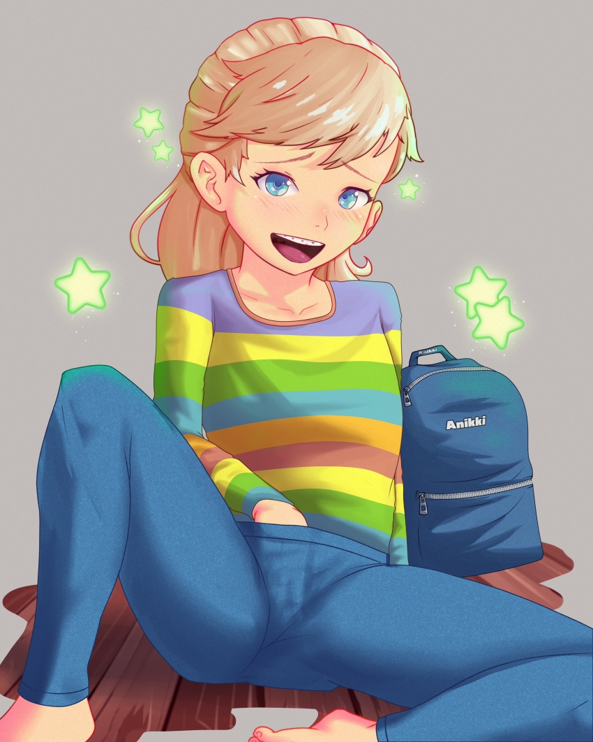 1girl :d absurdres anikki backpack bag barefoot blonde_hair blue_bag blue_eyes blue_pants blue_shirt blush clothed_masturbation commentary commentary_request english_commentary female_masturbation green_shirt grey_background hand_in_pants highres implied_masturbation inside_out long_hair masturbation mixed-language_commentary multicolored_shirt open_mouth orange_shirt paid_reward_available pants purple_shirt red_shirt riley_andersen shirt sitting smile solo star_(symbol) striped_clothes striped_shirt sweatpants unworn_backpack unworn_bag yellow_shirt