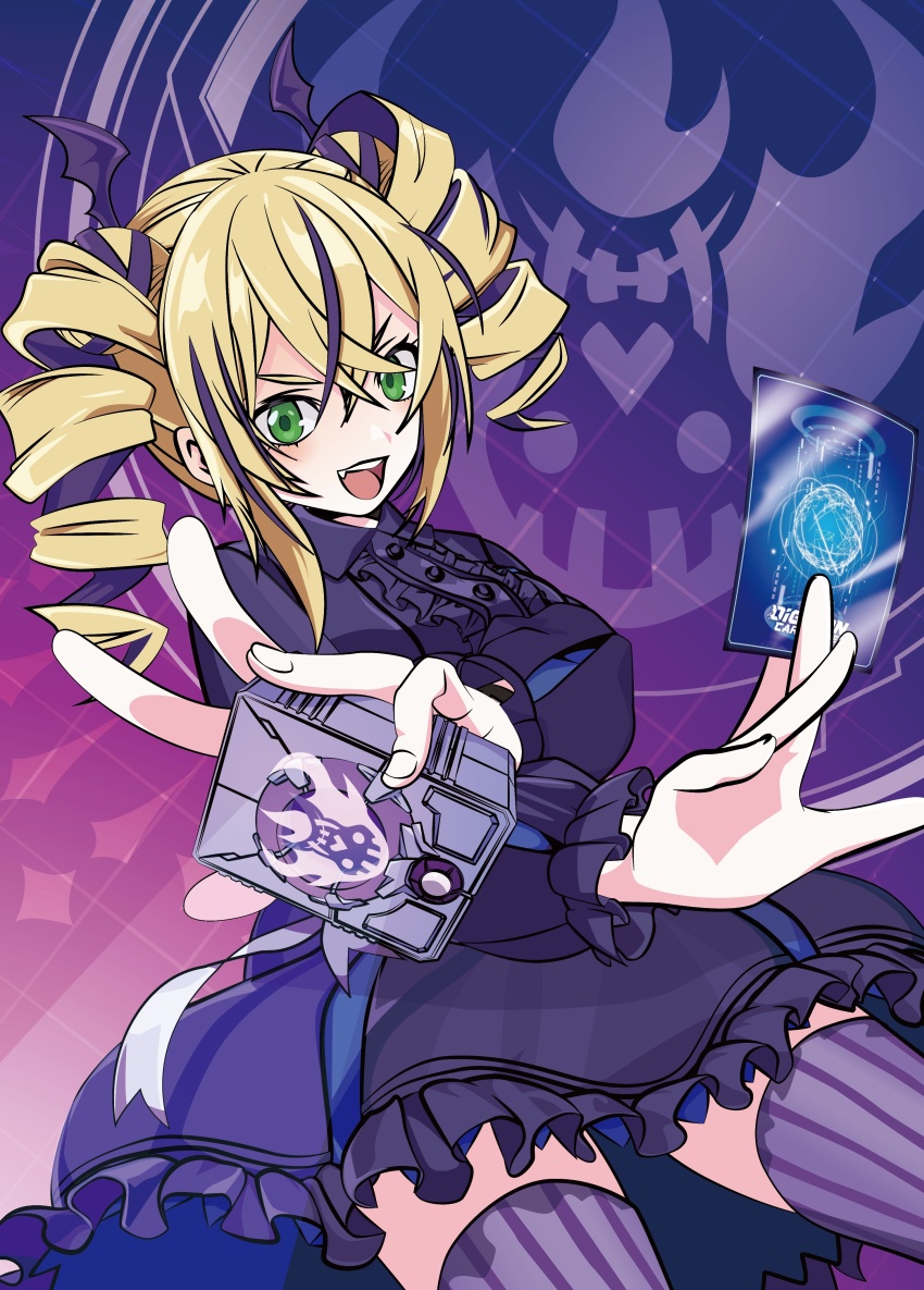 1girl absurdres blonde_hair breasts card cowboy_shot d-storage digimon digimon_card_game digimon_liberator dress drill_hair fang gradient_background green_eyes hair_between_eyes highres holding holding_card large_breasts long_hair multicolored_hair purple_background purple_dress purple_hair purple_thighhighs revision simple_background solo tai_(cheungsk1213) thighhighs trading_card twin_drills two-tone_hair violet_inboots