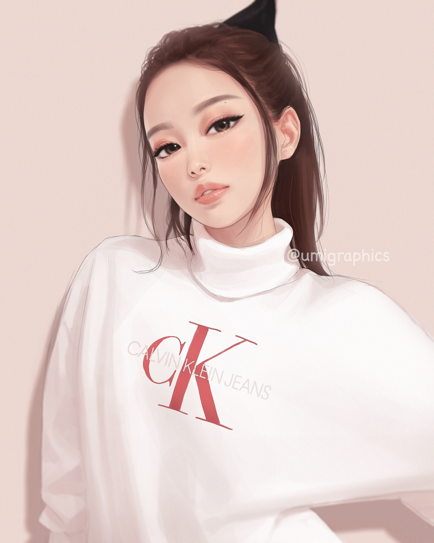 1girl artist_name blackpink brown_eyes brown_hair calvin_klein commentary english_commentary english_text highres jennie_(blackpink) long_hair looking_at_viewer mixed-language_commentary mole mole_above_eye real_life simple_background solo sweater turtleneck turtleneck_sweater umigraphics upper_body white_sweater