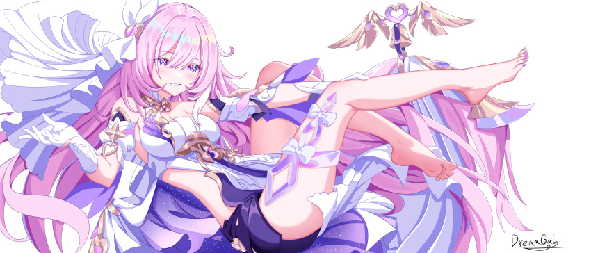 1girl absurdres artist_name bare_legs bare_shoulders barefoot bell black_shorts breasts cleavage clothing_cutout corset crystal_flower dream.cat elysia_(herrscher_of_human:_ego)_(honkai_impact) elysia_(honkai_impact) gloves highres honkai_(series) honkai_impact_3rd large_breasts long_hair multicolored_hair nail_polish parted_lips pink_hair purple_eyes short_shorts shorts side_cutout simple_background smile soles solo thigh_strap thighs toenail_polish toenails toes two-tone_hair veil very_long_hair white_background white_corset white_gloves white_hair white_veil