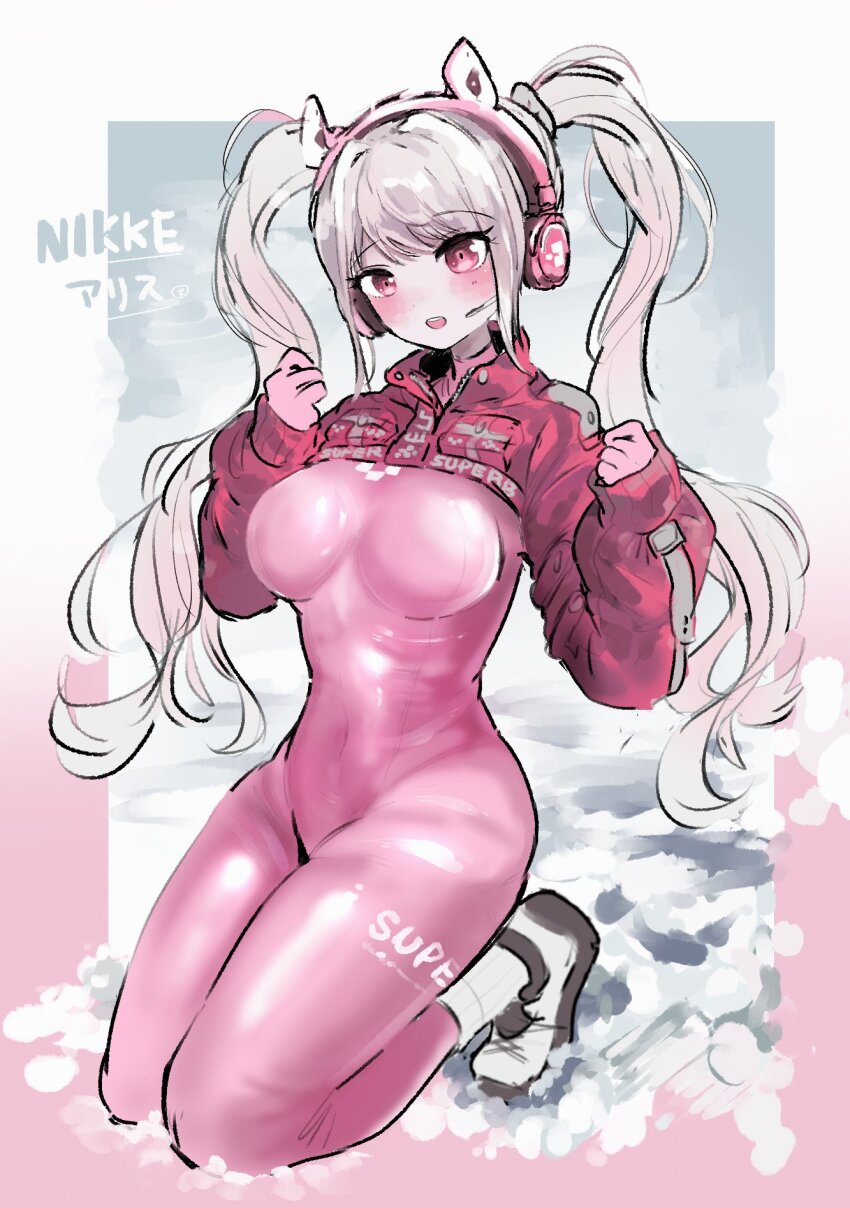 1girl :d alice_(nikke) animal_ear_headphones animal_ears blush bodysuit breasts character_name covered_navel cropped_jacket fake_animal_ears gloves goddess_of_victory:_nikke grey_hair headphones headset highres impossible_bodysuit impossible_clothes inu_(user_arjr4358) jacket kneeling large_breasts latex latex_bodysuit long_hair long_sleeves open_mouth pink_bodysuit pink_eyes pink_gloves puffy_sleeves red_jacket shoes sidelocks skin_tight sleeves_past_wrists smile sneakers snow socks twintails white_footwear white_socks