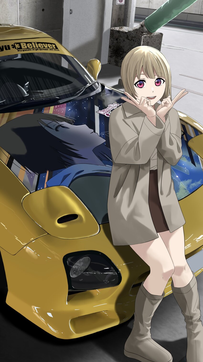 1girl :d absurdres black_skirt blush boots brown_hair car character_name coat collared_coat commentary_request cropped full_body grey_coat grey_footwear highres itasha looking_at_viewer love_live! love_live!_nijigasaki_high_school_idol_club mazda mazda_rx-7 mazda_rx-7_fd miniskirt motor_vehicle nakasu_kasumi official_alternate_costume open_clothes open_coat open_mouth outdoors pink_eyes s_sho_mkrn shirt short_hair skirt smile solo song_name teeth upper_teeth_only white_shirt yellow_car