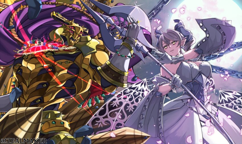 1boy 1girl armor breasts cape cherry_blossoms demon_girl demon_horns demon_wings duel_monster eldlich_the_golden_lord gem gold_armor halberd horns jewelry large_breasts lovely_labrynth_of_the_silver_castle low_wings multiple_wings polearm transparent_wings weapon white_horns wings yellow_eyes yu-gi-oh! zealmaker