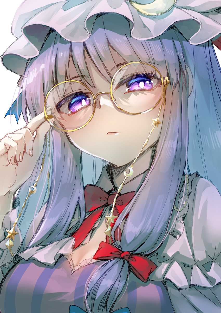 1girl absurdres adjusting_eyewear bow bowtie breasts cleavage closed_mouth commentary_request crescent crescent_hat_ornament dress glasses gold hair_bow hat hat_ornament highres kinese_(katasutorohu) long_hair long_sleeves looking_at_viewer mob_cap patchouli_knowledge purple_eyes purple_hair red_bow red_bowtie round_eyewear solo star_(symbol) touhou yellow-framed_eyewear