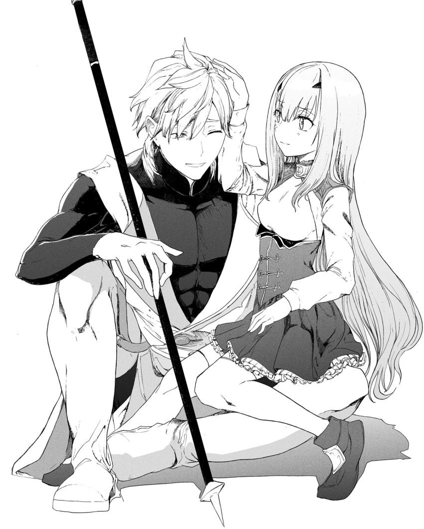 1boy 1girl breasts dress fate/grand_order fate_(series) greyscale highres long_hair melusine_(fate) melusine_(second_ascension)_(fate) monochrome one_eye_closed percival_(fate) petting polearm sitting sitting_on_person small_breasts spear syatey thighhighs weapon white_background